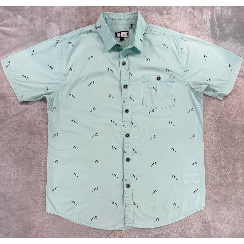 Salty Crew Men Button Up Shirt Fishing Lure Print Mint Green Size Medium